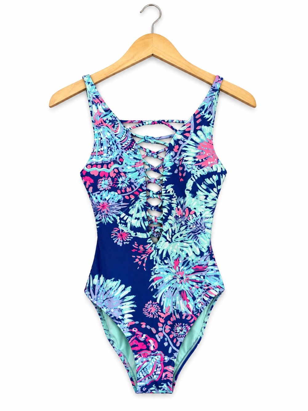 Lilly‎ Pulitzer Gypsea Girl One Piece Swimsuit Size 0 Blue Pink Lace Up